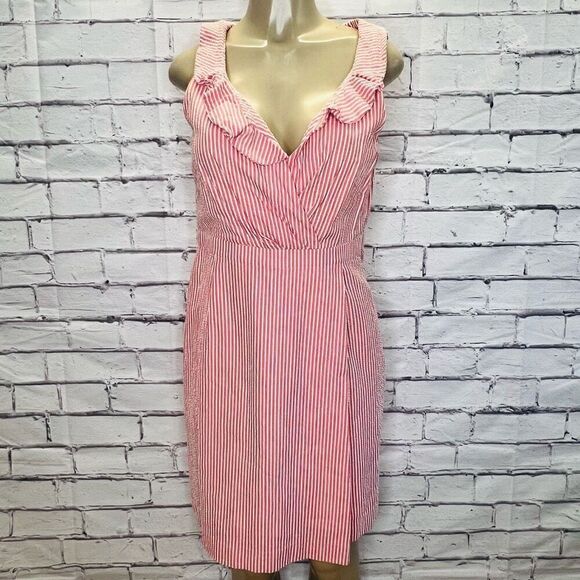 J. Crew Womens Pink Sleeveless Seersucker Ruffle V-Neck Striped Dress Size 8 - Picture 1 of 10